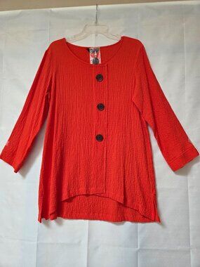 Ali Miles Women's M Red Crinkled Tunic 3/4 Sleeve Buttons Top Boho Artsy Cottage